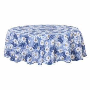 Seamless Waterproof Vinyl Round Tablecloth 60" Dia Floral Printed Easy Care Blue